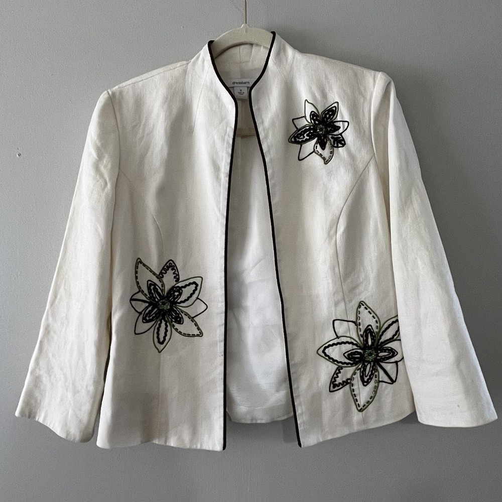 Linen Floral Embroidered Jacket Beige Lightweight Artsy Cottagecore Boho Women 8